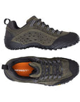 Top and side views of Men's Merrell Intercept Sneaker in green, showcasing breathable upper and cushioned insole for all-day comfort.