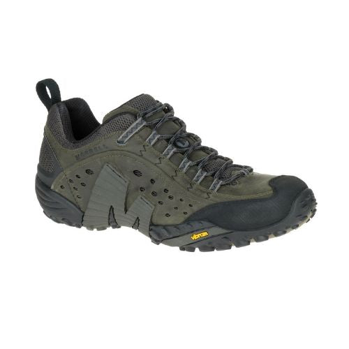 Men's Merrell Intercept Sneaker in olive green featuring lace-up design and Vibram outsole for reliable outdoor performance.