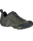 Men's Merrell Intercept Sneaker in olive green featuring lace-up design and Vibram outsole for reliable outdoor performance.