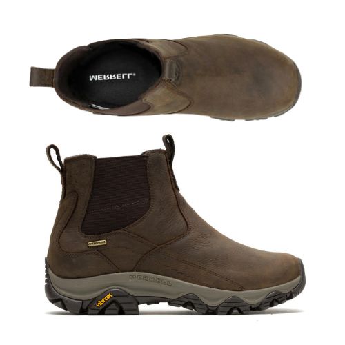 Side and top view of Men's Merrell Moab Adventure 3 PLR Chelsea Boot showcasing waterproof leather, elastic panels, and rugged Vibram sole.