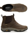 Side and top view of Men's Merrell Moab Adventure 3 PLR Chelsea Boot showcasing waterproof leather, elastic panels, and rugged Vibram sole.