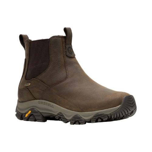 Men's Merrell Moab Adventure 3 PLR Chelsea Boot in brown waterproof leather with Vibram outsole for winter traction and slip-on comfort.