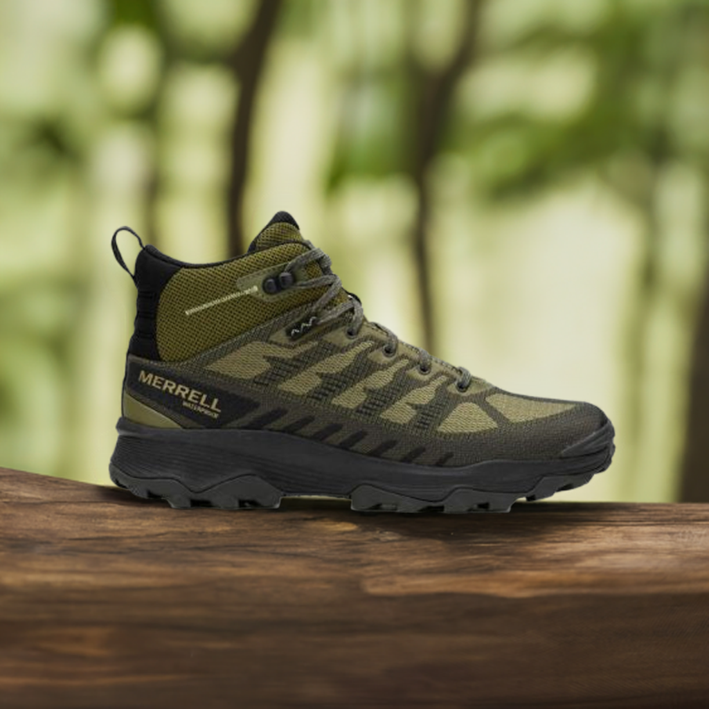 Men's Merrell Speed Eco Mid WP Boot displayed outdoors on a log, emphasizing its waterproof build and eco-conscious hiking design.
