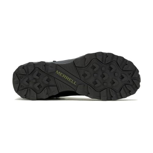 Outsole view of Men's Merrell Speed Eco Mid WP Boot highlighting rugged recycled rubber tread for superior grip on hiking trails.