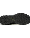Outsole view of Men's Merrell Speed Eco Mid WP Boot highlighting rugged recycled rubber tread for superior grip on hiking trails.