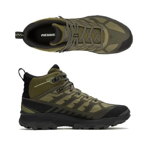 Top and side views of Men's Merrell Speed Eco Mid WP Boot showing breathable mesh design, ankle support, and eco-friendly construction.