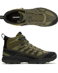 Top and side views of Men's Merrell Speed Eco Mid WP Boot showing breathable mesh design, ankle support, and eco-friendly construction.
