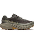 Greyish Green sneaker with Merrell logo on side and brownish beige speckled thick midsole and tan Vibram outsole.