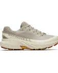 Grey Beige sneaker with Merrell logo on side and an off-white beige speckled thick midsole and tan Vibram outsole.