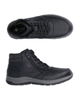 Pair of black high top leather boots with laces and dual zipper, grey knit heel cuff, grey midsole and black outsole.