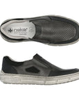 Pair of Black leather shoes with perforated uppers, elastic side goring, white Rieker logo'd foot bed and grey outsole.