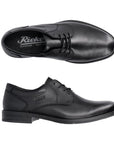 Pair of black derby dress shoes with detail stitching, Rieker logo on footbed, and sleek leather design.