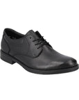 Black derby dress shoe with detail stitching and sleek leather design.