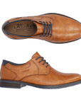 Pair of Brown derby dress shoes with detail stitching, navy laces, navy accent heel cap, Rieker logo on footbed and sleek leather design.