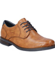 Brown derby dress shoe with detail stitching, navy laces, navy accent heel cap and sleek leather design.