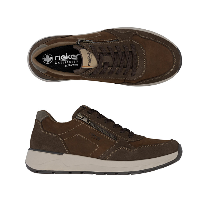 Pair of Brown sneakers with accent darker brown sections, laces, side zipper, black Rieker logo'd footbed, grey thick midsole and black outsole.