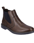 Brown leather Chelsea boot with navy elastic side goring.