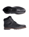 Pair of Black leather ankle boots with black laces, accent stitching and brown midsole above black treaded outsole.