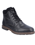 Black leather ankle boot with black laces, accent stitching and brown midsole above black treaded outsole.