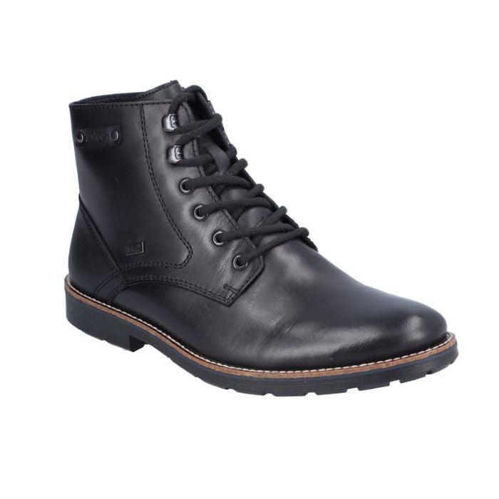 Black leather lace-up boot.
