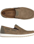 Top and side views of taupe Men's Rieker 18266 Loafer highlighting breathable perforated leather and flexible white outsole.