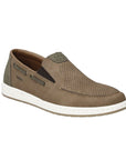 Men's Rieker 18266 Loafer in taupe leather with olive accents, designed with perforated upper and elastic gussets for casual slip-on style.
