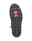 Black treaded rubber outsole with arrow shaped red grip at ball of foot and "Rieker" stamped in heel.
