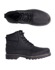 Pair of Black leather boots with black laces, side zipper, detailed stitching along midsole and rugged black outsole.