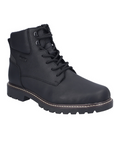 Black leather boot with black laces, detailed stitching along midsole and rugged black outsole.