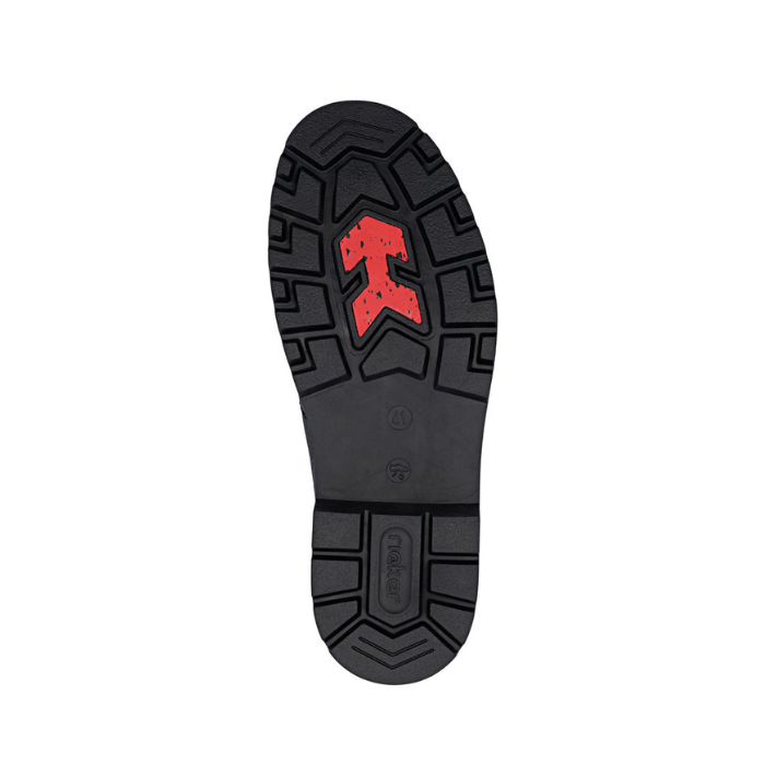Black treaded rubber outsole with red arrow shaped grip section at ball of foot and "rieker" stamped in heel.
