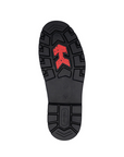Black treaded rubber outsole with red arrow shaped grip section at ball of foot and "rieker" stamped in heel.