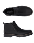 Pair of Black leather ankle boot with dual side zippers , black Rieker logo'd footbed and a black rugged rubber outsole.