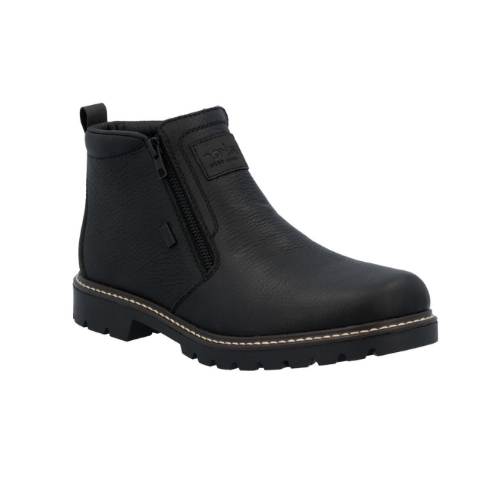 Black leather ankle boot with dual side zippers and a black rugged rubber outsole.