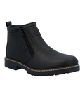 Black leather ankle boot with dual side zippers and a black rugged rubber outsole.