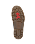 Brown rugged outsole with a red arrow shaped ice grip at ball of foot and "Rieker" stamped in heel.