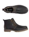 Pair of Dark brown leather ankle boots with dual side zippers , black Rieker logo'd footbed and a brown rugged rubber outsole.