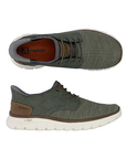 Pair of Green slip-on sneakers with elastic laces, mesh upper with brown accents, orange Rieker logo'd footbed and white outsole.