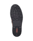Bottom view of Rieker F3600 brown boot outsole with rugged tread pattern and red Rieker branding for enhanced winter traction.