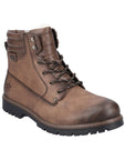 Rieker F3600 Lace Up Ankle Boot in brown leather with contrast stitching and padded collar. Stylish waterproof winter boot for men.