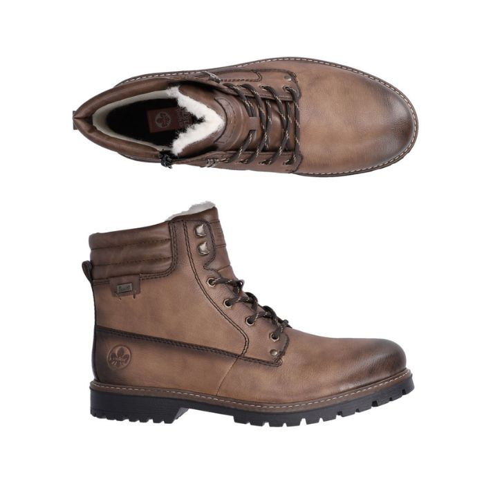 Top and side view of men&#39;s brown leather ankle boot with laces. Boot has white fur lining and inside zipper.