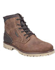 A brown lace-up ankle boot with brown laces, dark brown accents, light stitching and a tan rugged outsole.