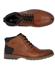 Pair of Brown leather dress boots with dark brown accents and brown lances with detailed stitching.