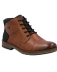 Brown leather dress boot with dark brown accents and brown lances with detailed stitching.
