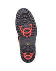 Black treaded outsole with red flip grips at ball and heel with Rieker logo stamped in middle.