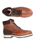 Pair of Brown ankle boot with laces, brown knit cuff, fleece lining, dark brown heel, white midsole and black treaded outsole.