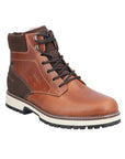 Brown ankle boot with laces, brown knit cuff, dark brown heel, white midsole and black treaded outsole.
