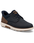 Navy sneaker with brown accents, elastic laces, white midsole and brown outsole.
