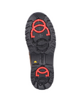 Black treaded outsole with red collapsible cleats and Rieker logo stamped in middle.