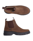 Pair of Brown Chelsea style ankle boot with black rugged outsole, elastic side panels and wool lined footbed with Rieker logo.