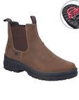 Brown Chelsea style ankle boot with black rugged outsole, elastic side panels and icon for collapsible cleats.